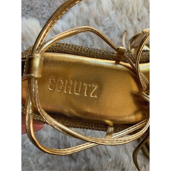 SCHUTZ Kittie Crystal Embellished Metallic & Nappa Leather Wraparound Flat Sanda - Picture 8 of 12